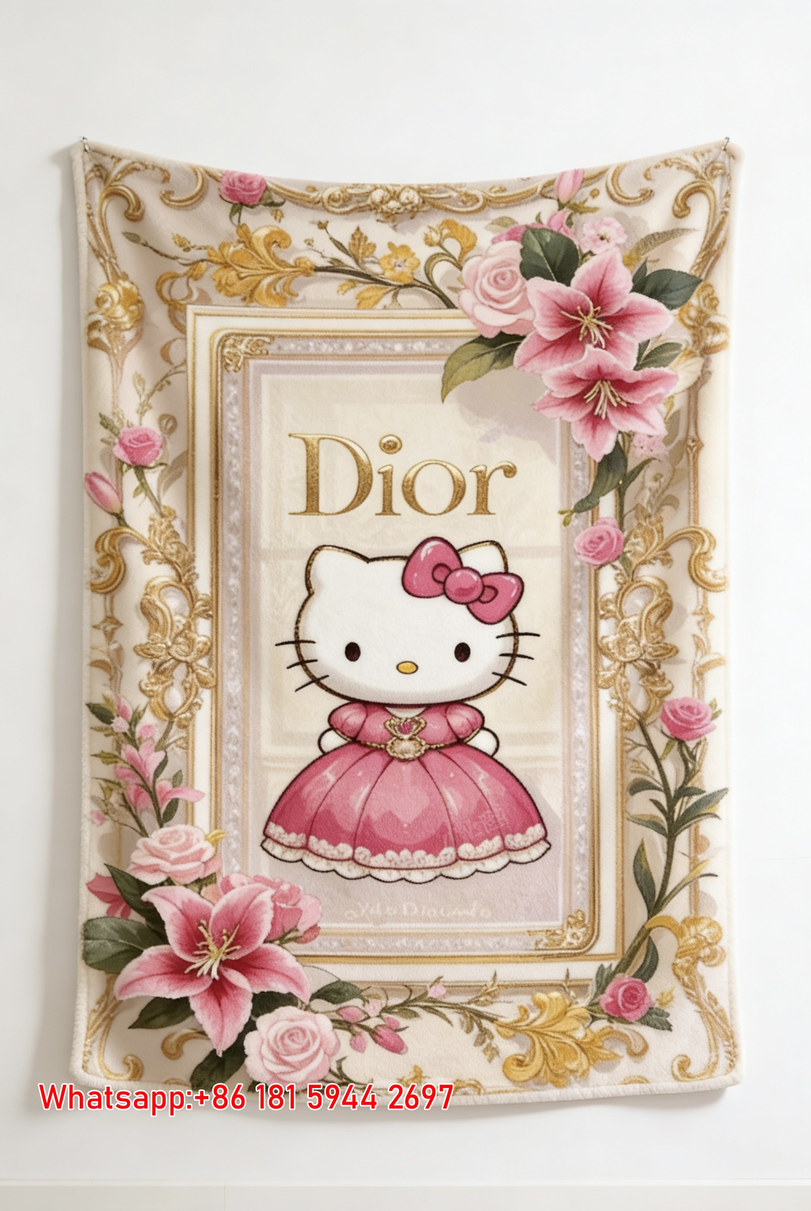 Dior Hello Kitty Princess Pink Floral Flannel Sofa Throw Blanket D250